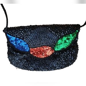 Vintage Sequin Beaded La Regale Purse Black with Blue Red & Green Pre Owned